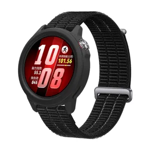 Black silicone protective case and nylon watch band strap detail view, durable accessory.