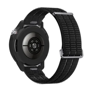 Black silicone protective case and woven nylon strap for smartwatch, durable design.