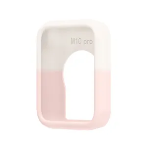 Vista dettagliata della custodia protettiva in silicone, design bicolore rosa e bianco.