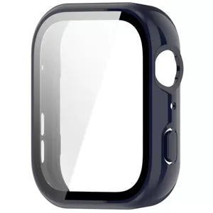 Detail van donkerblauwe smartwatch beschermhoes met geïntegreerd gehard glas en uitsparingen.