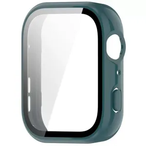 Donkergroene PC smartwatch beschermhoes detail met nauwkeurige knopuitsparingen en gehard glas.