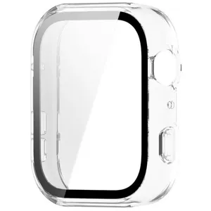 Detail van transparante smartwatch beschermhoes met geïntegreerd gehard glas.