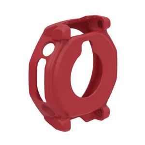 Red silicone protective case detail view, shockproof hollow bumper for rugged outdoor smartwatch.