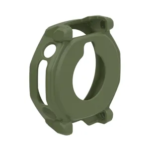 Rugged olive green watch protective case detail, hollow bumper cover for outdoor sports smartwatch.