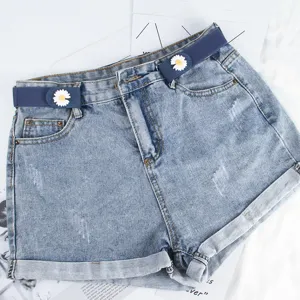 Women denim shorts with buckle-free elastic lazy belt stylish daisy decorative waistband casual