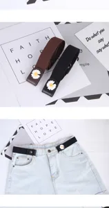 Detail view of buckle-free elastic belt with daisy flower, perfect for jeans and daily wear.