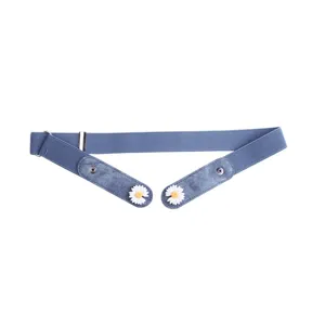 Blue elastic buckle-free waist belt for women with cute daisy decoration, invisible and stretchy.