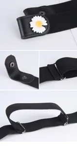 Womens elastic invisible belt with cute white daisy flower decoration, adjustable buckle.