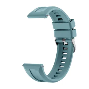 Silikon-Uhrenarmband Detailansicht, flexibles graublaues Band mit Silberschnalle und Schnellverschluss.