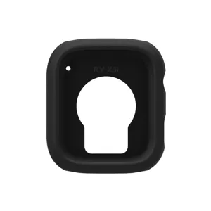 Vista dettagliata della custodia protettiva in silicone nero, ritagli precisi per i pulsanti.