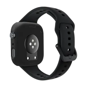 Custodia protettiva in silicone nero e cinturino per smartwatch, accessorio durevole e antigraffio.