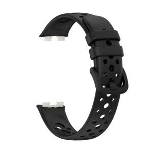 Black silicone replacement watch strap detail, breathable mesh design, comfortable wrist band.
