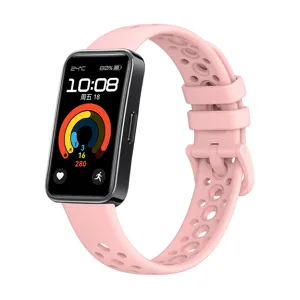 Pink silicone replacement strap with breathable holes for smart fitness wristband.