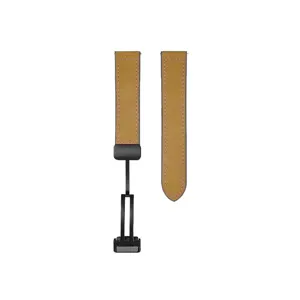 Brown leather composite watch strap detail with black magnetic folding clasp, close-up view.