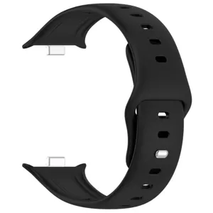 Nahaufnahme des schwarzen Silikon Ersatz Smartwatch Armbands mit Schnellverschluss und Löchern.
