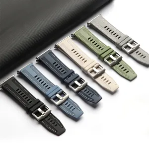 Detail shot of composite braided silicone watch bands with metal buckles in multiple colors.