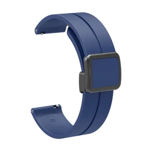 Silicone watch strap detail, 22mm replacement band, black magnetic folding buckle design.