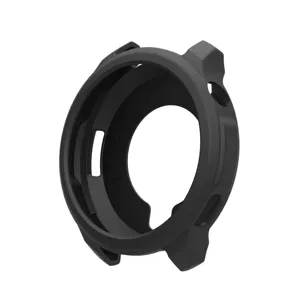 Detailed view of black silicone protective case compatible with smart watch, precision fit.