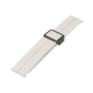 Silicone watch strap detail view, light grey band with black magnetic folding buckle.