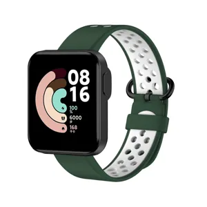 Smartwatch replacement strap detail view featuring breathable dual-color silicone and digital display.