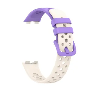 Replacement silicone sport watch strap with breathable holes in purple and white.