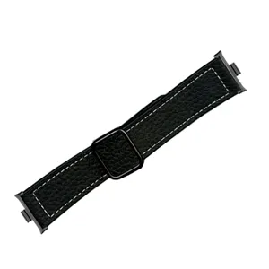Black litchi grain leather magnetic watch strap with metal connectors for smartwatches.