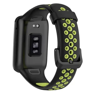 Correa de reloj deportiva de silicona de repuesto con diseño perforado transpirable negro y verde lima.