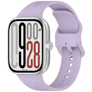 Silicone smartwatch replacement band in light purple with metal case detail display and view.