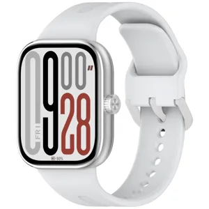 Smartwatch featuring silver rectangular case and breathable white silicone band, digital screen.