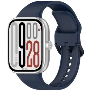 Smart sports watch with silver metal case and dark blue silicone strap, digital display.