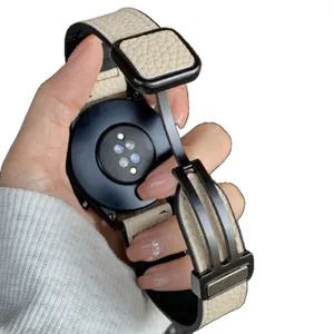Stylish litchi grain magnetic folding buckle leather watch strap for smart watch replacement.