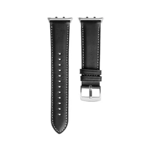 Ersatz Echtleder Uhrenarmband in Schwarz mit silberner Metallschnalle und Steckverbindern.