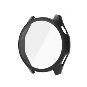 Black smartwatch protective case with integrated glass screen protector for 46mm watch detail.