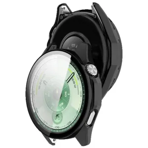 Protective case with tempered glass screen protector for smart watch, black durable shell accessory.