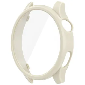 Beige integrated smartwatch protective case with clear screen protector, detail view.
