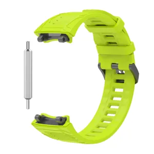 Detail van siliconen horlogebandje in neon groen met metalen gesp en handige pin tool.