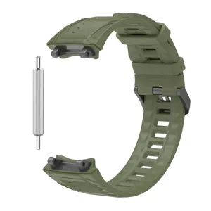 Gedetailleerd overzicht van militair groen siliconen horlogebandje met pin-gereedschap.