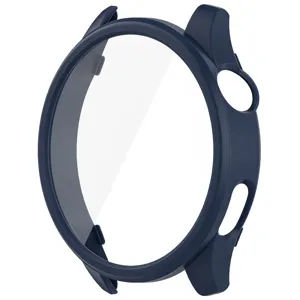 Dark blue smartwatch protective case detail featuring integrated tempered glass screen shield.