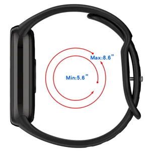 Detailed view of the black silicone watch strap showing adjustable wrist size specifications.
