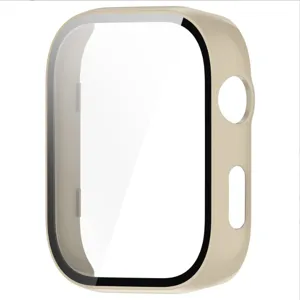 Beige PC smartwatch beschermhoes met gehard glas schermbeveiliging, krasbestendig.