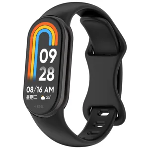 Close up detail view of the black silicone smart band strap featuring clear digital screen.