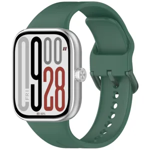 Detailed view of the green silicone smartwatch strap and silver rectangular digital watch case.