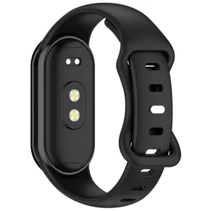 Black silicone replacement watch band with secure buckle, durable and flexible for daily wear.