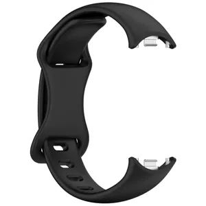 Black silicone replacement watch band with metal connectors for smart fitness tracker.