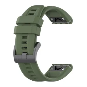 Olive green silicone watch strap replacement with black buckle, durable and flexible.