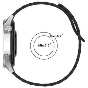 Silicone magnetic loop watch strap detail showing 20/22mm size range min 5.5 to max 8.7 inches.