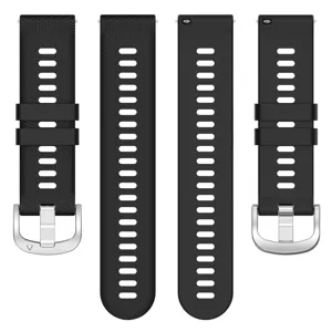 Black silicone watch band detail view featuring breathable perforated design and durable metal buckle.