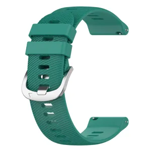 Detailed view of replacement green silicone watch band featuring textured pattern and buckle.