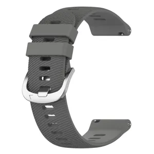 Grey silicone watch strap detail close-up showing textured surface and metal buckle.