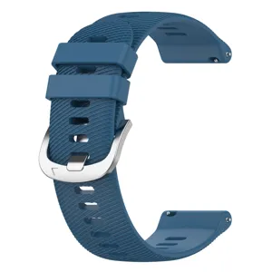 Blue silicone watch strap detail, replacement band with silver buckle for smart sport watches.